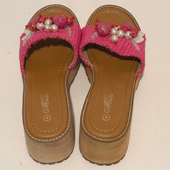 Acata Platform Wedge Sandals 8‎ Pink Raffia Beaded Embellished Slip On Slides - Picture 3 of 6